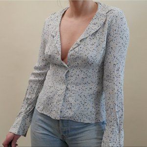 Button Up Shirt Vintage Pastel Blue Ditsy Floral Print